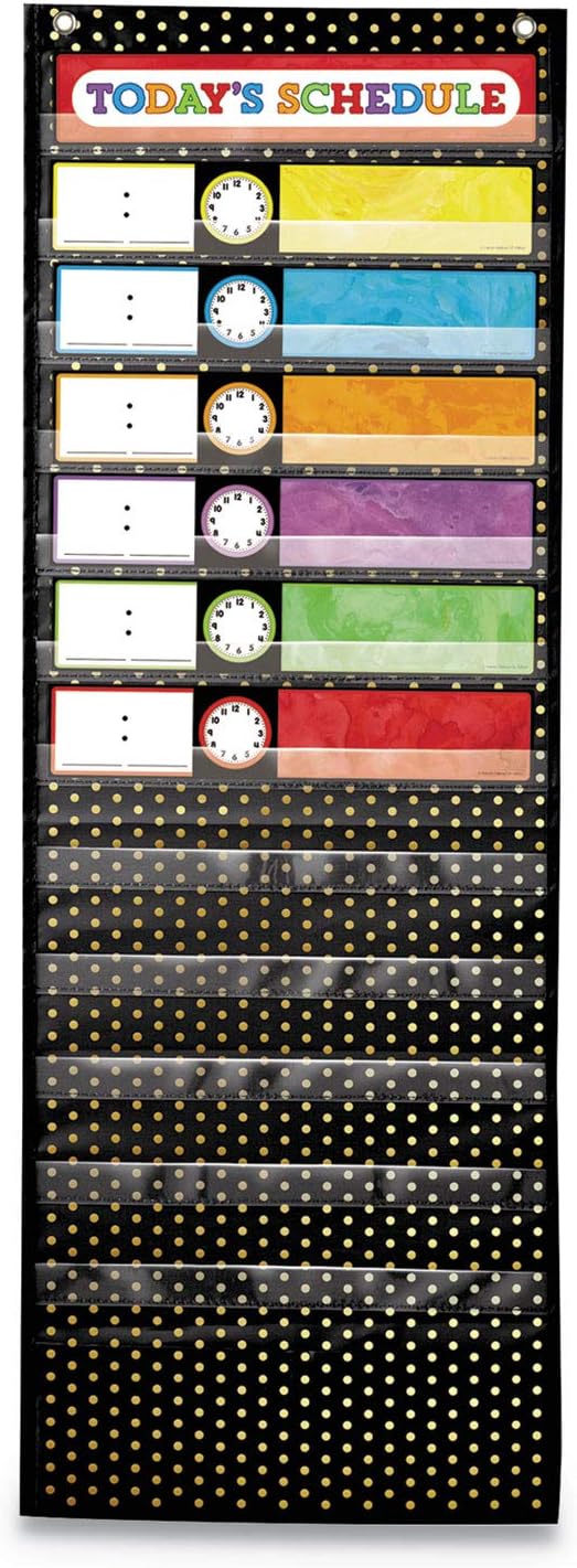 Carson Dellosa 13” x 36” Visual Schedule for Kids Deluxe Pocket Chart, Black and Gold Organizer, Dry Erase Cards with Customizable Clocks, Circle Time Learning Center and Classroom Teaching Supplies