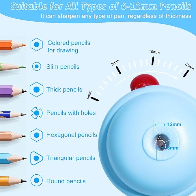 Rechargeable Electric Pencil Sharpener, 6-12mm Auto in & Out Fully Automatic Pencil Sharpener for Kids, Large Capacity Battery Powered, with Cartoon Stickers Ideal for Classroom & Home (Blue-White)