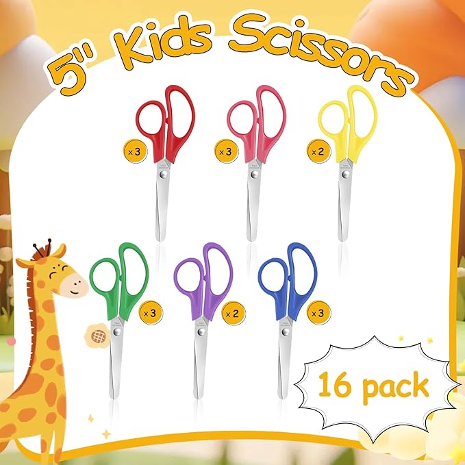 16 Packs Kids Blunt Tip Safety Scissors Bulk,5" Stainless Steel Craft Scissors for Preschool kindergarten, Xnluothsk