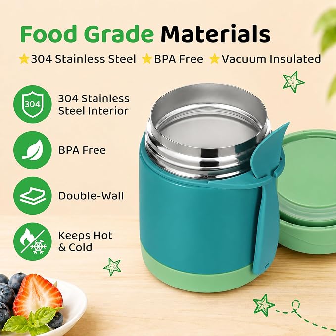 Pawtong10oz Soup Thermo for Hot Food Kids Insulated Food Jar,Thermo Hot Food Lunch Container, Width Mouth Stainless Steel Lunch Box for Kids with Spoon (Green)
