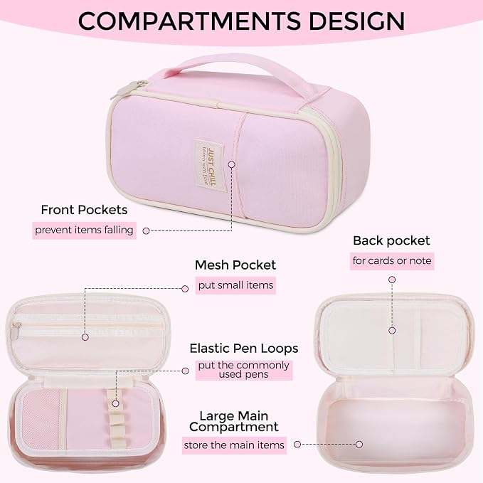 SKYDUE Pink Pencil Case for Girls – Large Capacity Zippered Pencil Pouch with Multi-Compartment, Aesthetic Pencil Bag for School & Office Supplies