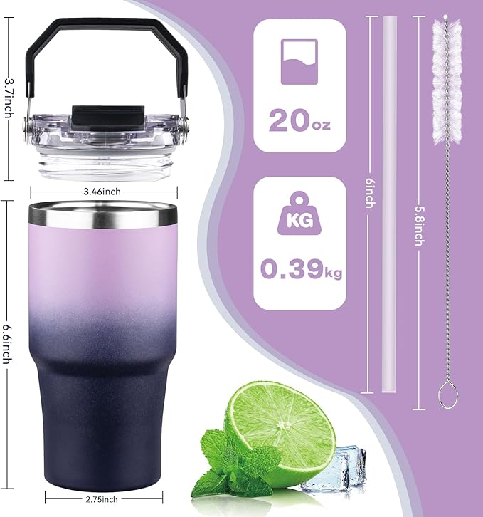 20oz Tumbler with Handle and Flip Straw Lid Double Wall Insulated Travel Coffee Mug Stainless Steel Vacuum Coffee Tumbler Cup for Hot and Cold Drinks Leak-proof&BPA-free（20oz,Light purple Navy blue）
