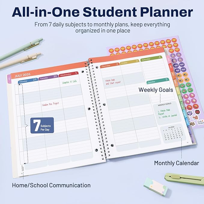 Student Planner 2026-2027, SUNEE Middle or High School Student Planner for Academic Jul. 2026 - Jun. 2027, 8.5"×11" Lesson Plan Book with 3-Hole Punched, Bookmark, Planning Stickers, Academic Color