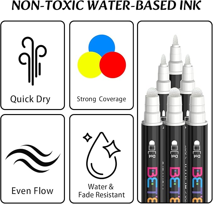 Betem 6 White Dual Tip Acrylic Paint Markers, Fabric Decorating Kits Premium Water-Based Acrylic Paint Pens Art Supplies for Fabric, Rock, Wood, Glass, Canvas, Ceramic, Teacher Appreciation Gift
