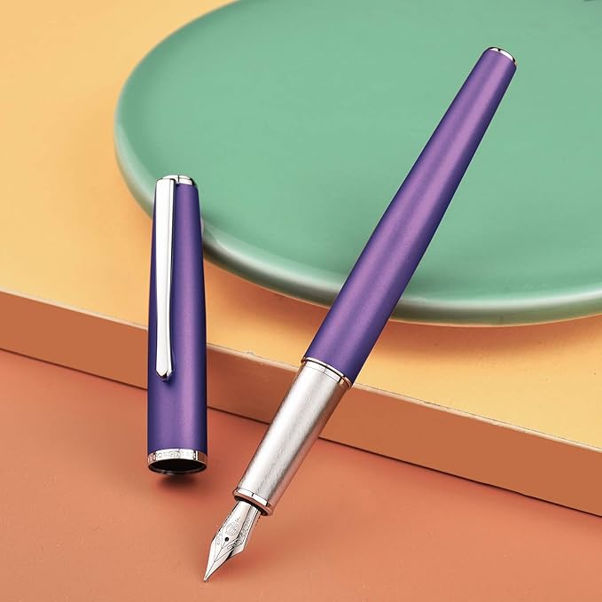 Hongdian 920 Purple Metal Fountain Pen Medium Nib Classic Pen, Includes Refillable Converter and Pen Pouch