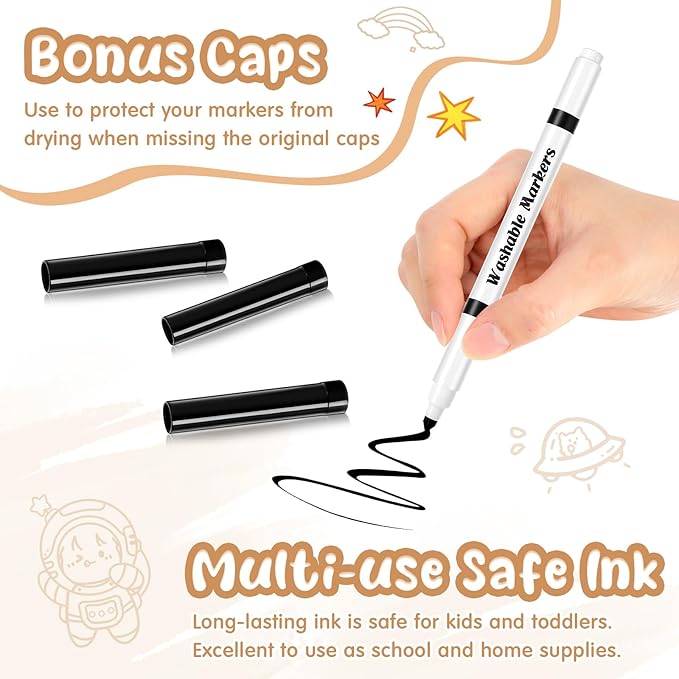 Fullhawl 18 Pcs Line Washable Markers Bulk Black Fine Tip Markers Set Coloring Thin Tip Drawing Washable Pen for Kids Art School Classroom Back to School Gender Reveal Party Supplies, Ages 6+