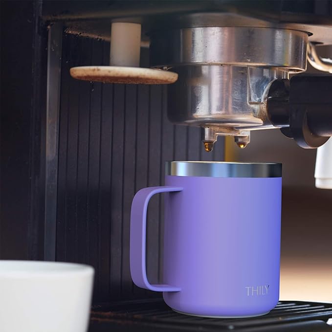 THILY Stainless Steel Insulated Coffee Mug 12 oz Triple-Insulated Travel Cup with Handle and Spill Proof Lid, Keep Coffee Cold or Hot Hours, Powder Coated, Matte Lavender