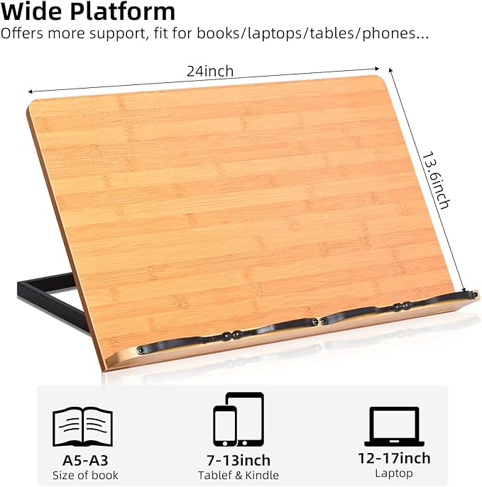 wishacc 24" Oversized Large MDF Wooden Book Stand & Holder for Reading Hands Free for Large Books in Bed,Cookbook,Textbook,Law,with 8 Adjustable Height Laptop Stand
