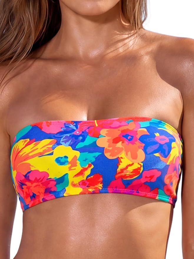 RELLECIGA Women Bandeau Swim Top Only Strapless Bikini Top Tie Back Swimsuit Tube Top