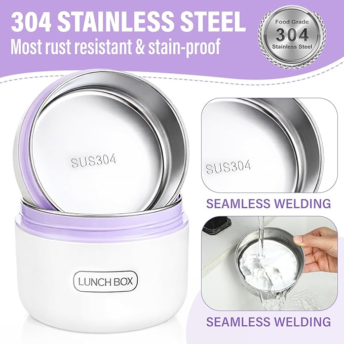 Dandat 2 Pcs Portable Insulated Lunch Containers Thermal Bento Box with Bag Fork Knife Microwavable Stainless Steel Lunch Box 15.2 oz 21 oz Separate Stackable Food Jar for Adult Men Women(Purple)