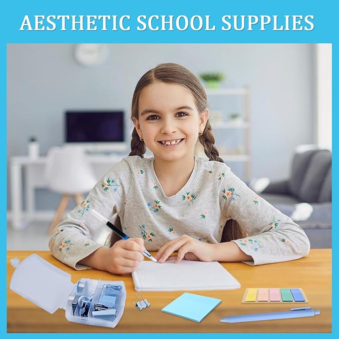 Mini Office Supply Kit, Blue Stapler with Staples and Tape Dispenser Set, Mini Stationary Kit Includes Sticky Notes Index Tabs Highlighters Gel Pens for Office & School (Blue)