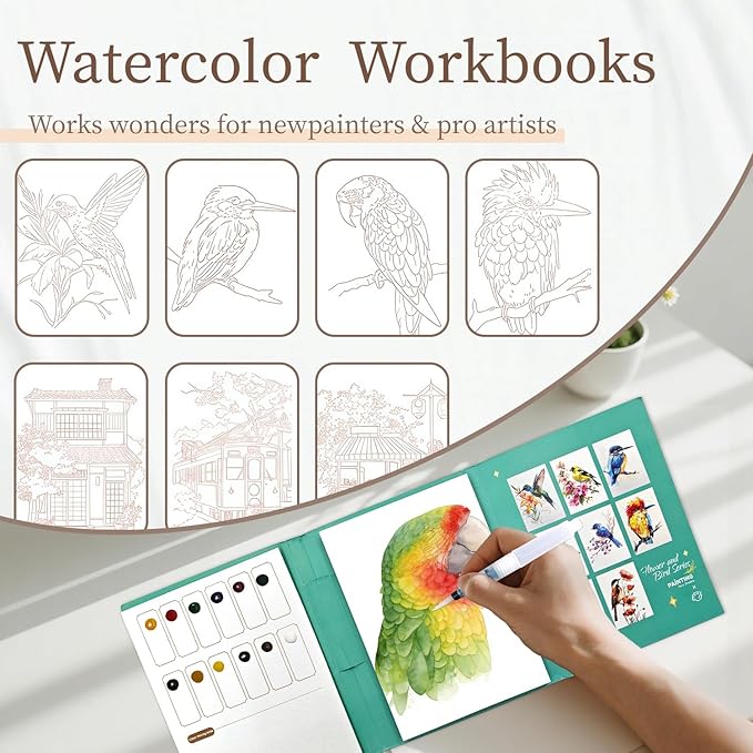 NaTuGi 2Pac Watercolor Workbook for Adults,Watercolor Coloring Book,Portable Watercolor Painting Books,Creative Stress Relief Kit,Suitable for Beginners Birthday Gift(Birds and Time)