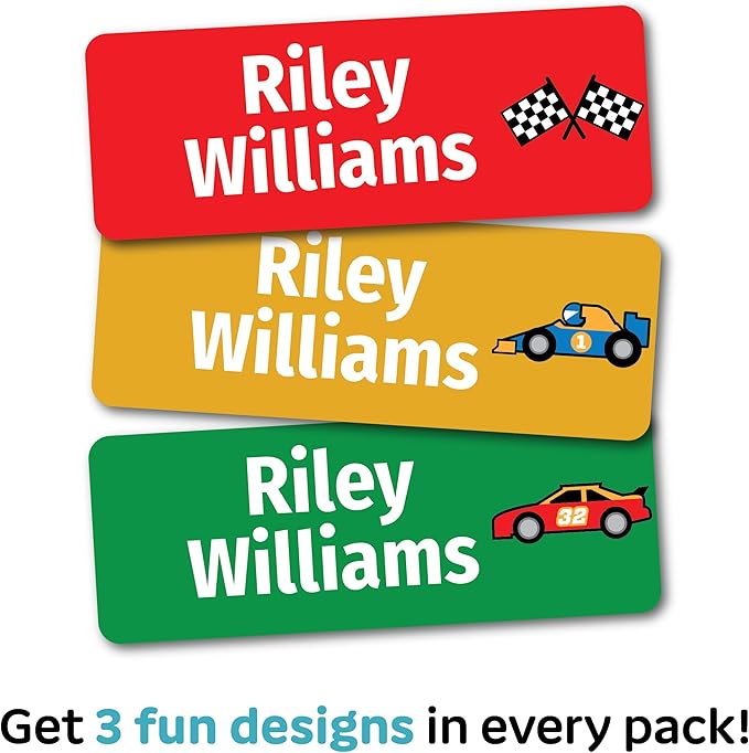 Kids Personalized Name Labels for School, Camp, Daycare (128 Labels) Custom Peel and Stick Waterproof Name Tags Stickers for Water Bottles, Lunch Boxes, Clothing, School Supplies (Racecar)