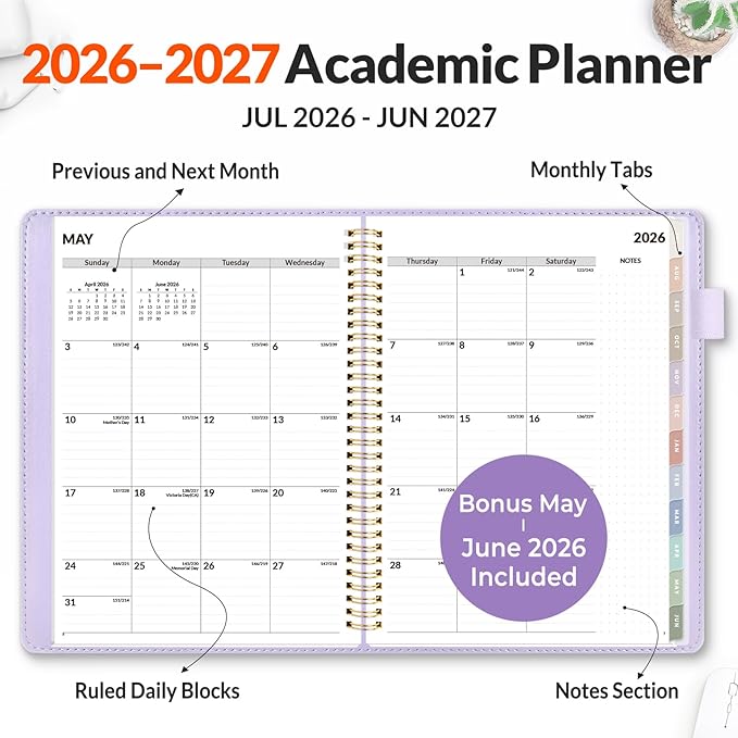 SUNEE 2026-2027 Weekly & Monthly Planner 9"x11.2" - 12 Month (July 2026 - June 2027), Vegan Leather Cover Planner Academic Year Calendar, Pocket, Notes, Monthly Tab, Purple