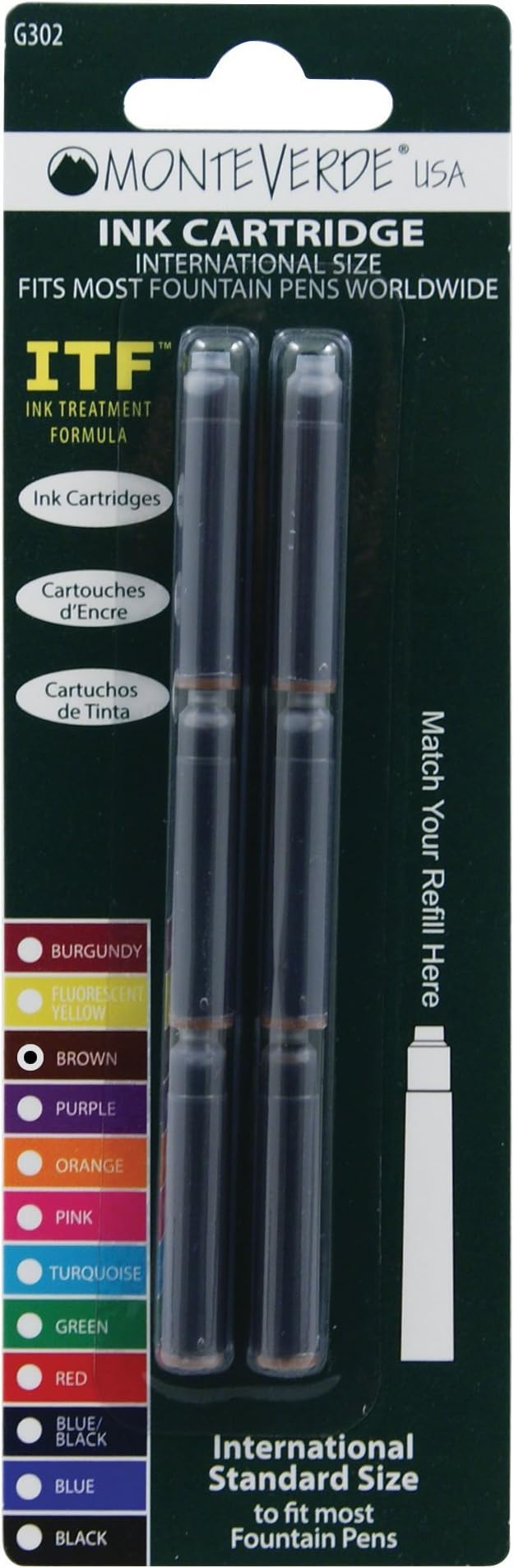 Monteverde Internatinal Size Cartridge to Fit Fountain Pens, Brown, 6 per Pack (G302BN)