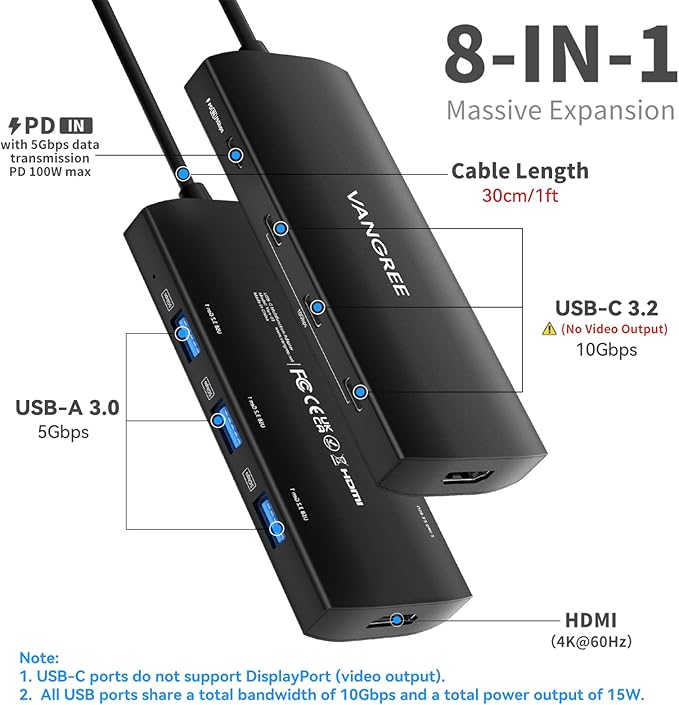 USB C Hub 8 in 1 Multiport Adapter, 3 USB 3.2 Gen 2 Ports with 10Gbps, 3 USB-A 3.0 5Gbps, 4K@60Hz HDMI, 100W PD, USBC Splitter for MacBook Pro, iPad Pro, Mac mini and More(Not Support USB-C Monitor)