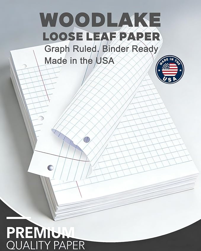 Notebook Paper USA-Made Loose Leaf Paper, 24 Pack 3600 Sheets 8"x10.5" Quad Ruled - 3-Hole Punched Bulk Filler Paper for 3-Ring Binder, 150 Sheets/Pack, Wholesale Available