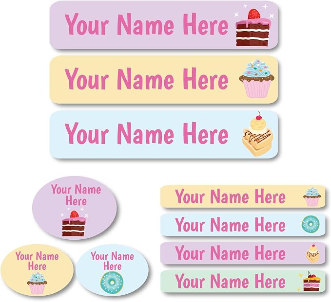 Lovable Labels Personalized Labels for Kids (85 Labels/Pack) - 3 Label Sizes Waterproof Dishwasher Safe Peel & Stick Labels for School Supplies Daycare Camp Clothing Bottles (Sweettooth)