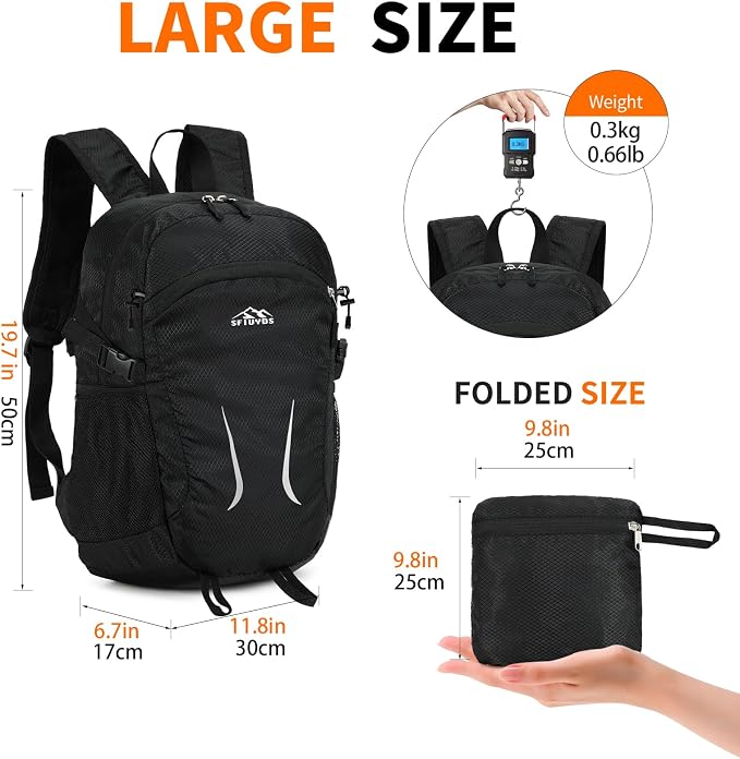 Small Hiking Backpack 35L Travel Lightweight Hiking Packable Daypack Water-Resistant Foldable Backpacks for Women Men Camping (Black)