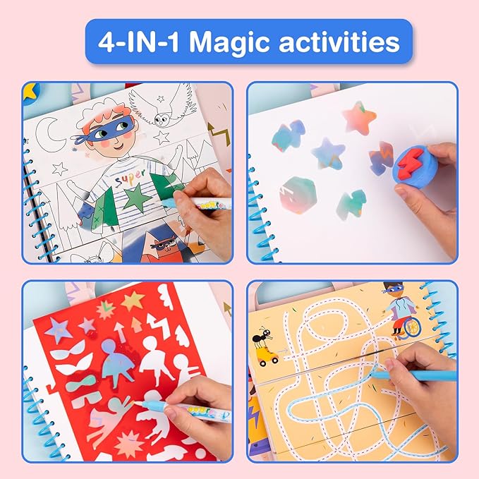Water Coloring Books for Toddlers 3-5 Years,Mess-Free Painting Water-Reveal Coloring Book, Portable Magic Water Art Pad, Reusable Travel Toys for Road Trips Airplanes, Educational 4 in 1 Creative Set
