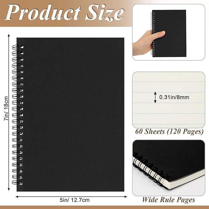 Leelosp 12 Pcs Small Spiral Notebook Lined Spiral Journal College Ruled Notebook Wire Bound Kraft Cover, 120 Pages for Work (Brown,Black,5 x 7 Inch)