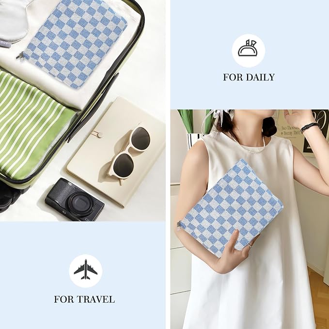 STARDW Checkered Makeup Bag Cosmetic Travel Bag, Toiletry Bag for Women | Canvas Lined Makeup Pouch for Skincare, Brushes, Toiletries & Travel Essentials, Cute Purse Organizer Pouches with Zipper