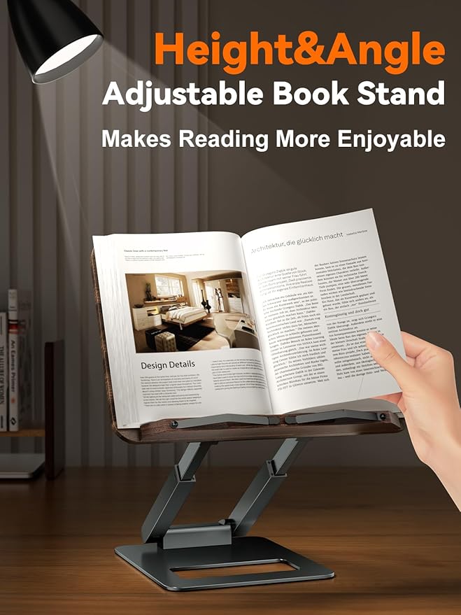 Tounee Book Stand, Telescopic Book Holder Stand, Adjustable Height Pull Out Design Ergonomic Cookbook Stand with Elastic Page Clips Fits All Books (Gray)