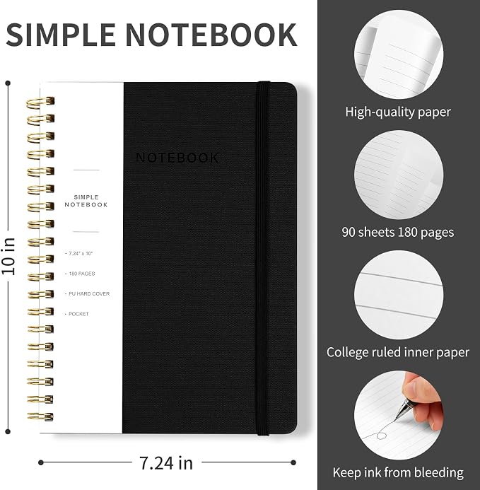 Spiral Notebook - 7.24" x 10" College Ruled Journal with Inner Pockets and 180 Pages, PU Leather Cover Business Journal, Twin-Wire Binding Notebook Perfect for Office & Home School Supplies Black