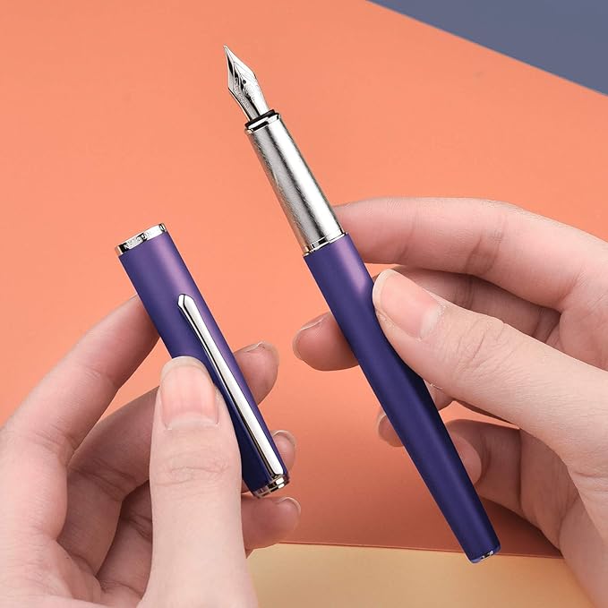 Hongdian 920 Purple Metal Fountain Pen, Steel Fine Point Classic Pen, Includes Refillable Converter and Pen Pouch