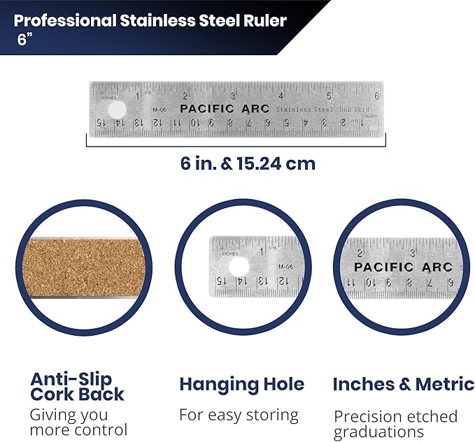 Pacific Arc Stainless Steel 6 Inch Metal Ruler Non-Slip Cork Back, with Inch and Metric Graduations
