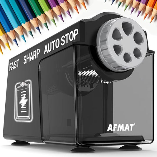 AFMAT Electric Pencil Sharpener for Classroom, 6 Holes, Cordless & Rechargeable, Super Fast, Auto Stop, 10K+ Uses, Heavy Duty Pencil Sharpener for 6-11mm No.2/Large/Colored Pencils PSD4(Black)