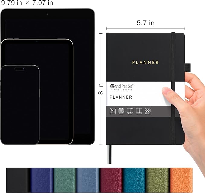 And Per Se Undated Planner, Weekly & Monthly Planner with Goal & Habit Tracker, A5 Leather Hardcover Productivity Journal for Academic Year (Black)