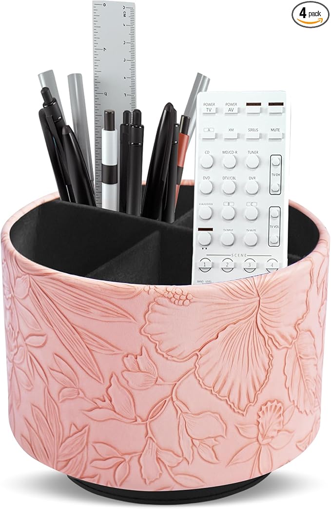 Round Leather Art Supply Organizer,Remote Control Holder,360 Degree Spinning,Multi-Functional Pencil Holder,4 Compartments Desktop Stationary Organizer(1-Carved Pink)
