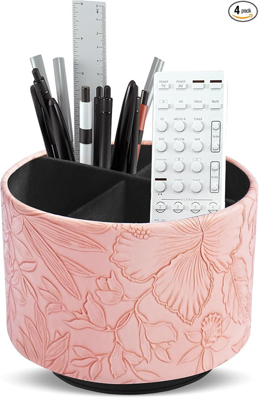 Round Leather Art Supply Organizer,Remote Control Holder,360 Degree Spinning,Multi-Functional Pencil Holder,4 Compartments Desktop Stationary Organizer(1-Carved Pink)