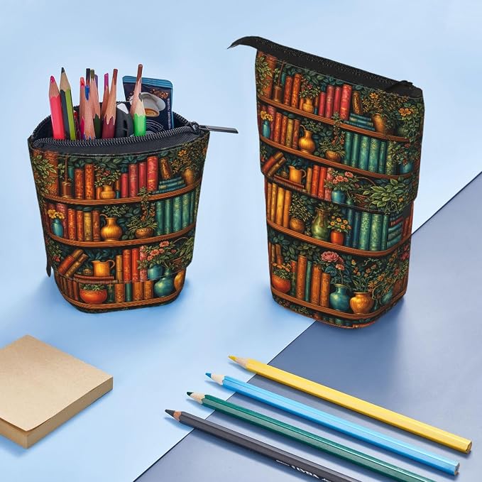 Bookshelf Plant Kids Standing Pencil Case Girls Boys Telescopic Stationary Pouch with Zipper Large Capacity Stand up Pen Bag Portable Makeup Holder for Children School Students Office Supplies