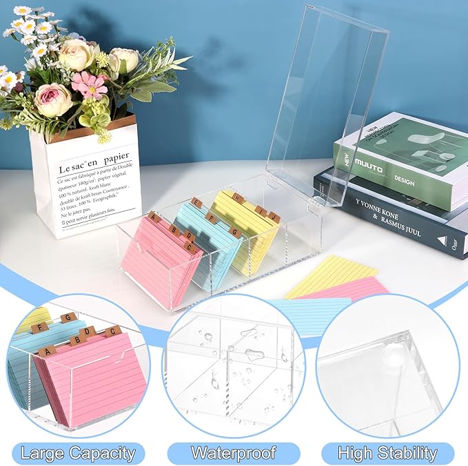 3 x 5 Inch Acrylic Index Card Holder Clear Index Card Box Note Card Organizer with 150 Ruled Lined Index Cards 30 Kraft Dividers A-Z Stickers 4 Divider for Holds 600 Cards Tabs Note Recipe Cards