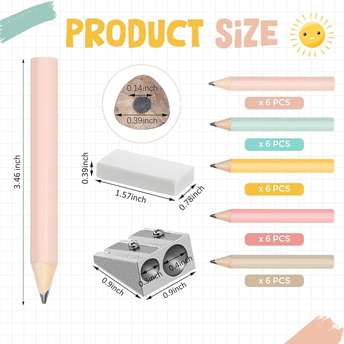 Marspark 30 Pcs Short Triangular Fat Pencils Bulk 3.5 Inch Wooden Triangular Jumbo Pencils with Sharpener and 2 Erasers for Preschoolers, Kindergarten, Toddlers, Beginners and School(Lively Colors)