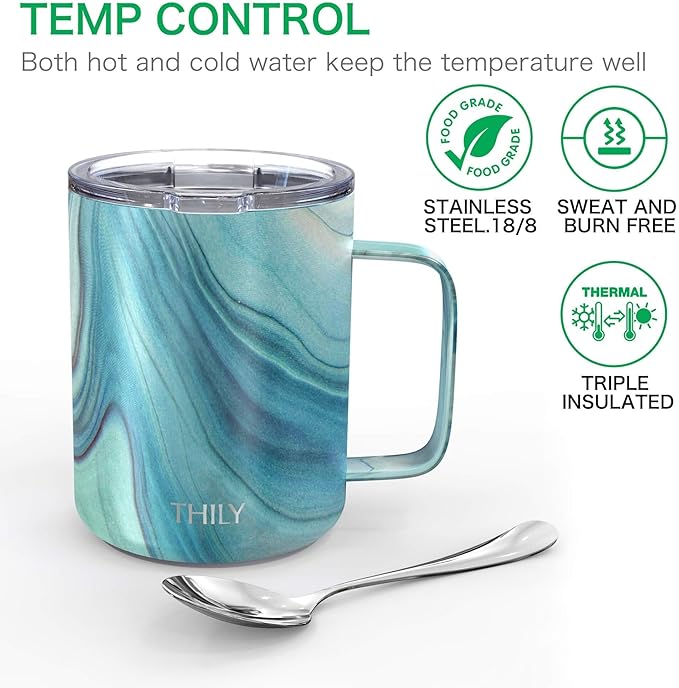 THILY Vacuum Insulated Travel Coffee Mug 12 oz Triple-Insulated Stainless Steel Coffee Cup with Handle, Spill-Proof Lid, Lightweight, Keeps Drinks Hot for Hours, Blue Swirl