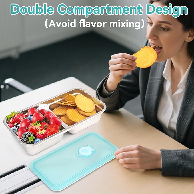 Stainless Steel Snack Containers, 2 Pack Grab and Go Snack Containers Reusable, Double Compartment Food Storage Containers with Lids, Lunch Box Containers for Travel, Outdoor Camping and Daily Use
