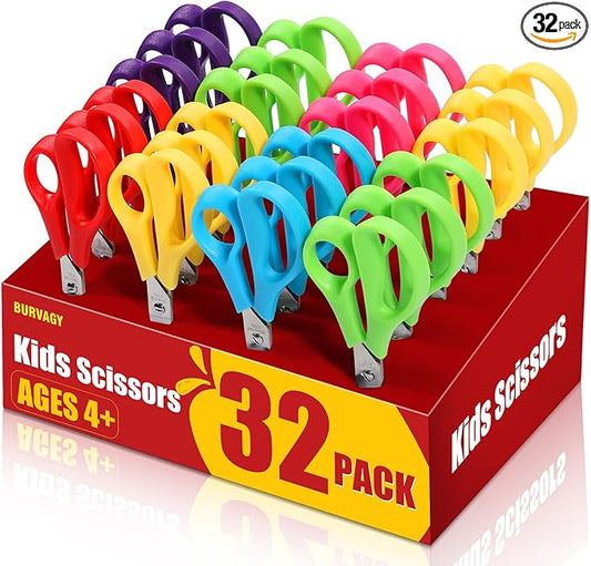 BURVAGY 32Pack 5.5" Safety Small School Kids Student Round Blunt Tip Craft Scissors Bulk, Stainless Steel Blades Comfort Grip Scissors for Kid Children Kindergarten Cutting Paper