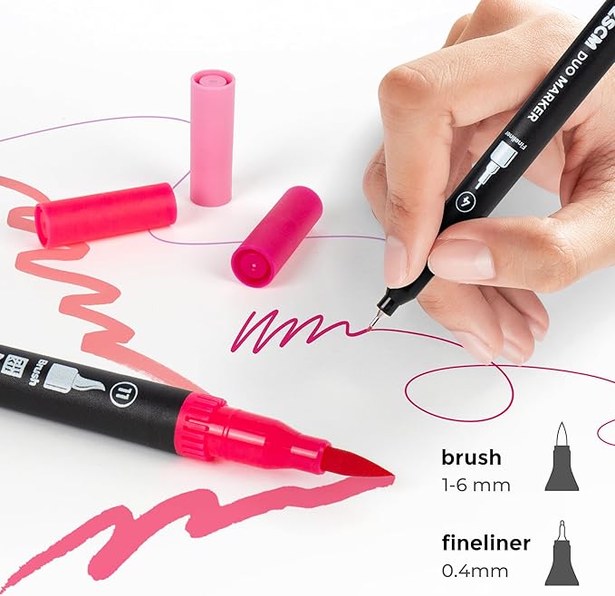 ZSCM Pink Duo Tip Marker Pens, 12 Pack Fine & Brush Markers for Adult Coloring Books No Bleeding, Blushing Pink Markers for Romantic Illustrations, Floral Designs, Cute Doodling and Lettering