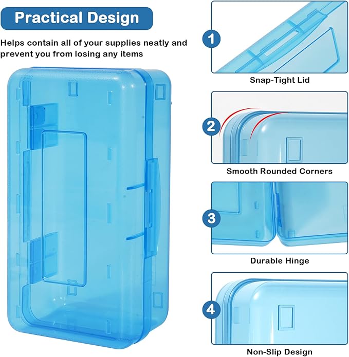 Colored Plastic Pencil Box, Large Capacity Pencil Case, Pencil Boxs for Kids Adults, Hard Crayon Box Storage with Snap-Tight Lid for School Office Supplies (Blue)