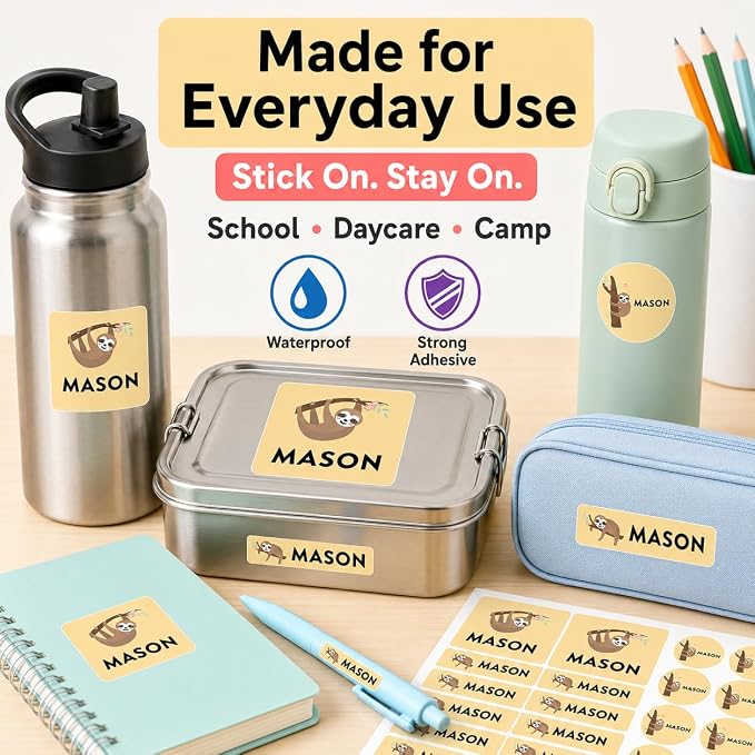 Andaz Press Custom Personalized Waterproof School Name Labels, Cute Sloth, 120-Pack, Kids Labels Combo Pack, Customizable Multi-Use Name Stickers for Preschool, Daycare, Supplies, Office, Camping