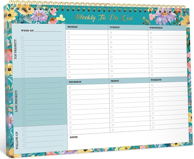 Weekly To Do List Notepad with 52 Undated Sheets（8.5"×11"）- Weekly Desk Planner for Women & Man, Work and Home - Floral