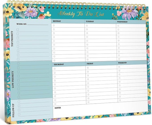 Weekly To Do List Notepad with 52 Undated Sheets（8.5"×11"）- Weekly Desk Planner for Women & Man, Work and Home - Floral