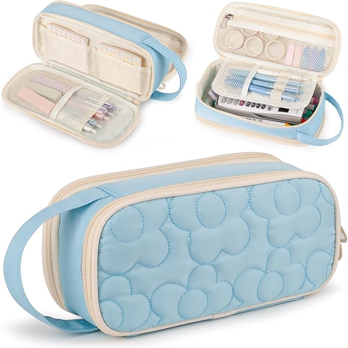 Pencil Case For Girls,Flower Quilted Large Capacity Pencil Pouch With 2 Compartment, Zipper Pencil Bag With Handle, Women Soft Pencil Box For Middle School Office College