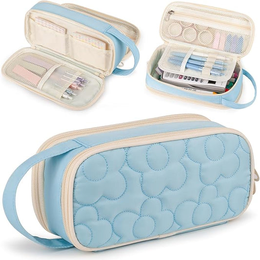 Pencil Case For Girls,Flower Quilted Large Capacity Pencil Pouch With 2 Compartment, Zipper Pencil Bag With Handle, Women Soft Pencil Box For Middle School Office College