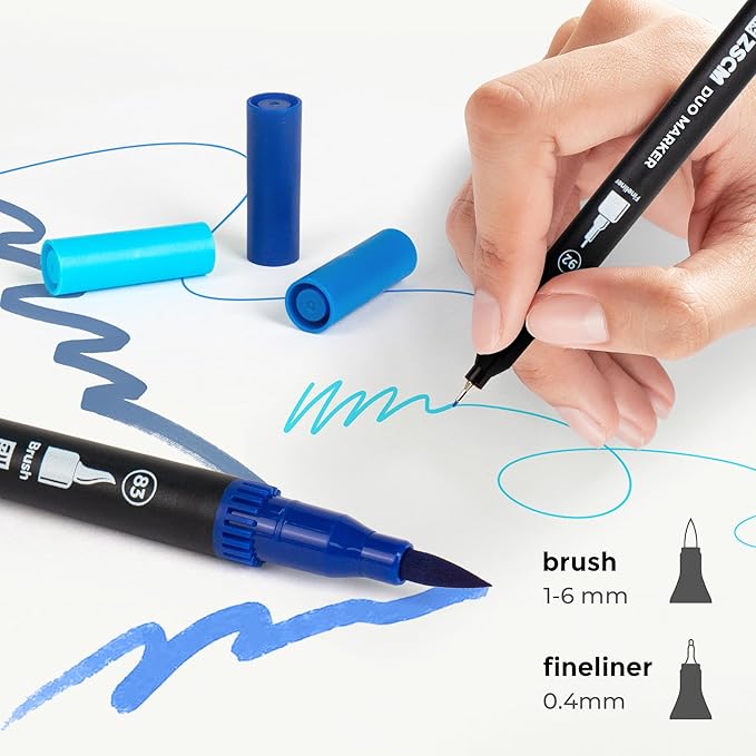 ZSCM Blue Duo Tip Marker Pens, 12 Pack Fine & Brush Markers for Adult Coloring Books No Bleeding, Ocean Blue Markers for Sky & Sea Landscapes, Water Effects, Calming Mandalas and Journaling