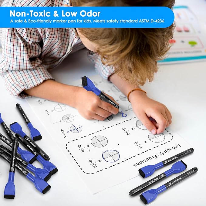 maxtek Magnetic Whiteboard Markers - 12 Count Blue Fine Tip Dry Erase Markers with Eraser for Kids, Low Odor Thin Markers for Calendar Boards