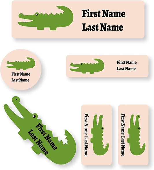 Personalized Kids Name Labels – Waterproof Custom Stickers for Daycare & School, Dishwasher & Laundry Safe (Crocodile - Light Yellow)